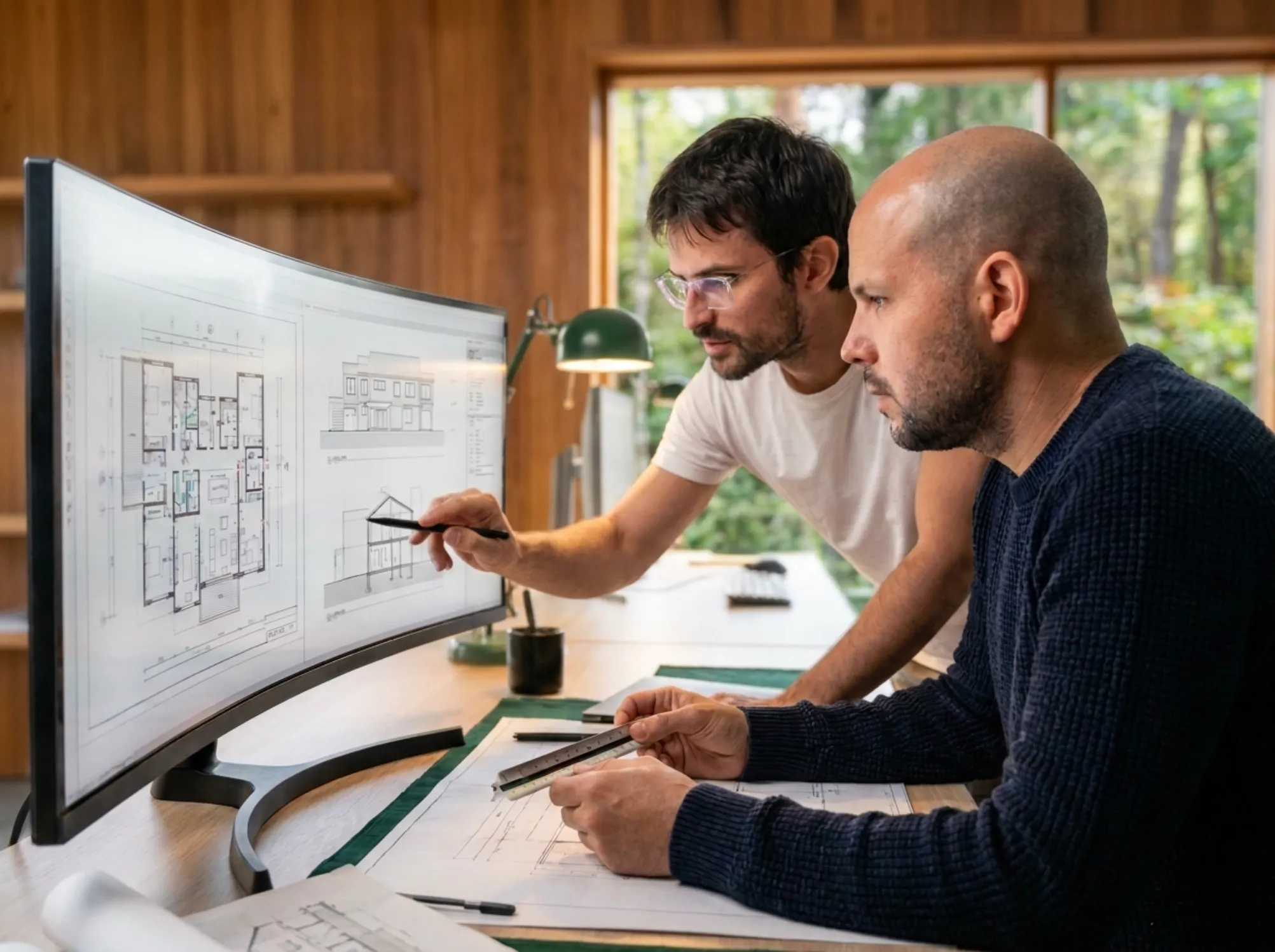 The studio's two drafters at a curved monitor, reviewing a floor plan, elevation, and section together, with printed drawings spread across the desk.