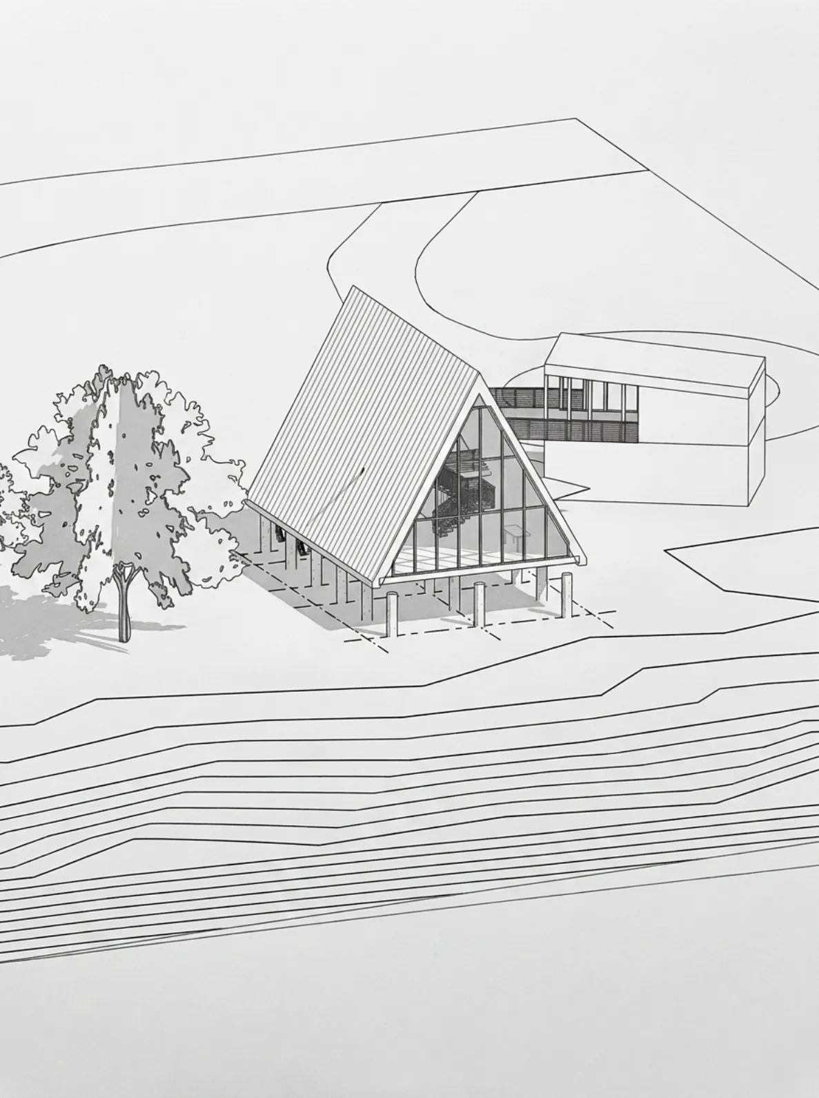 Line-drawn axonometric of an A-frame house on pilings beside a flat-roofed outbuilding, sited on a contoured slope.