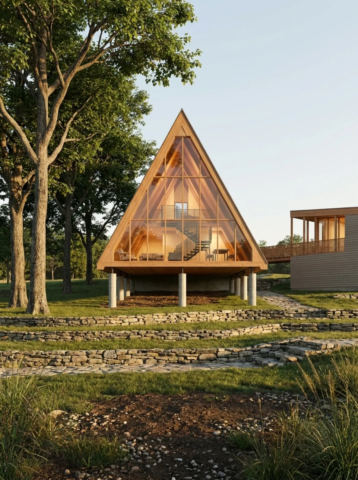 Photorealistic rendering of the same A-frame house at golden hour, glazed gable end lit from within, dry-stone terracing in the foreground.